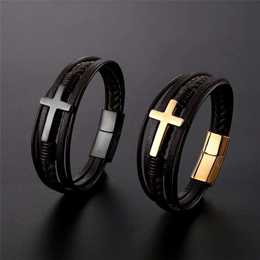 Wee Luxury Men Bracelets Multicolor Cross Design Classic Men's Leather Bracelet