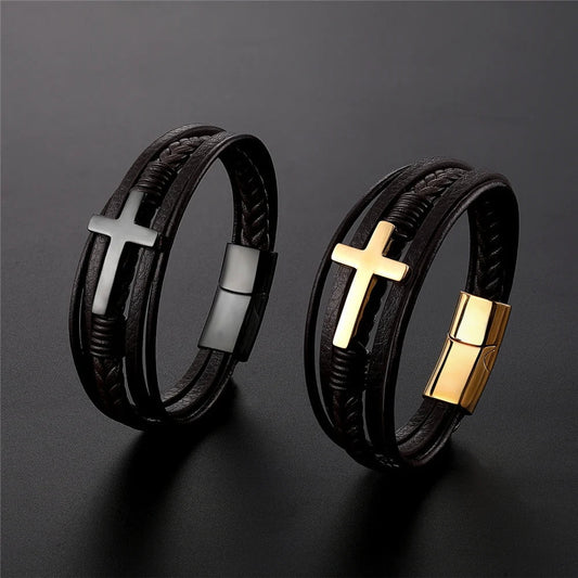 Wee Luxury Men Bracelets Multicolor Cross Design Classic Men's Leather Bracelet