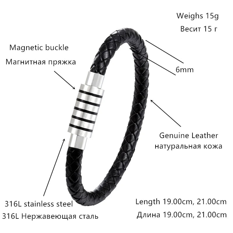 Wee Luxury Men Bracelets Rope Chain Black Clasp Leather Bracelet Men