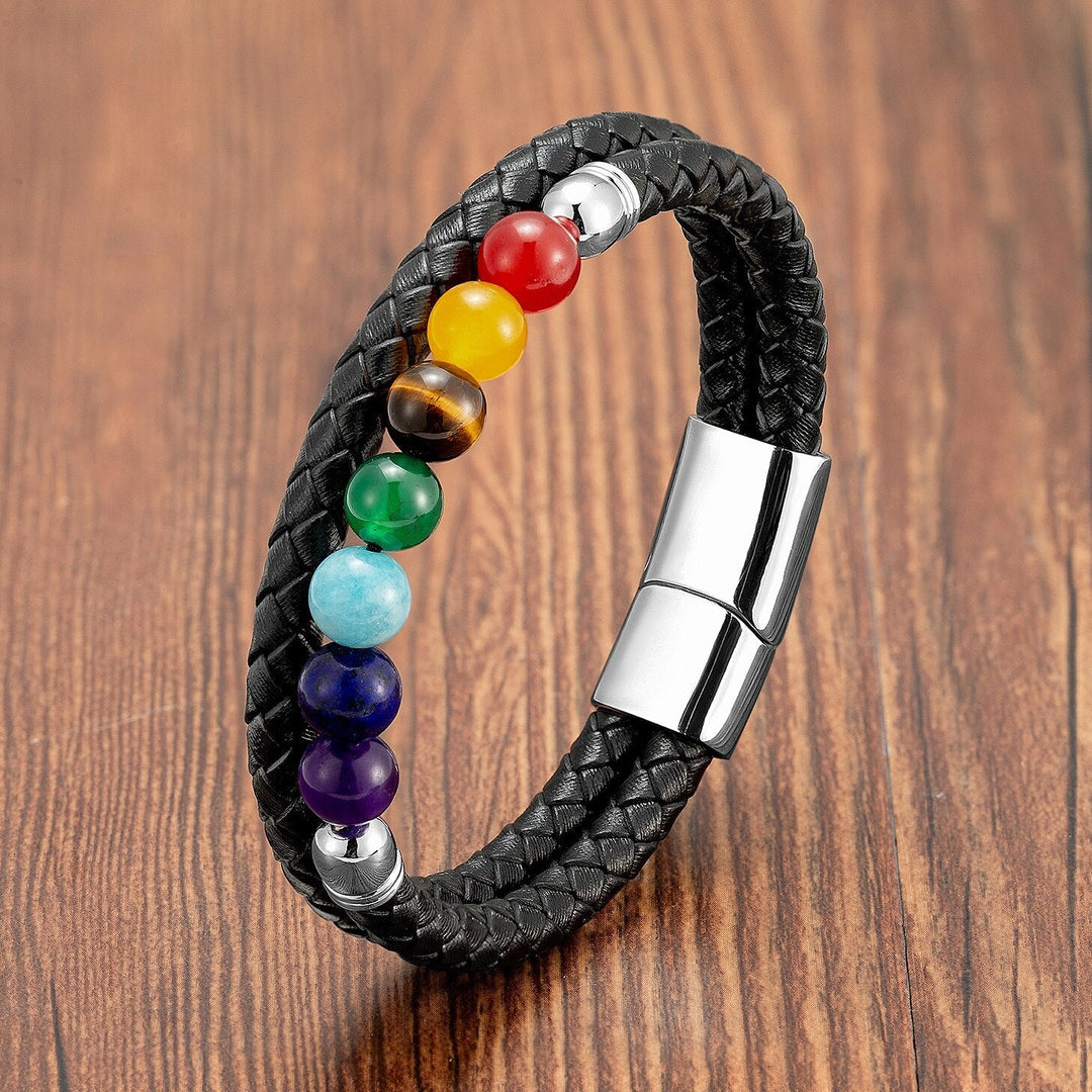 Natural Chakra Stone Braided Leather Bracelets Silver Color-A