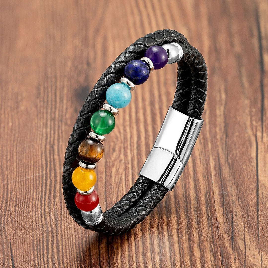 Natural Chakra Stone Braided Leather Bracelets Silver Color-B