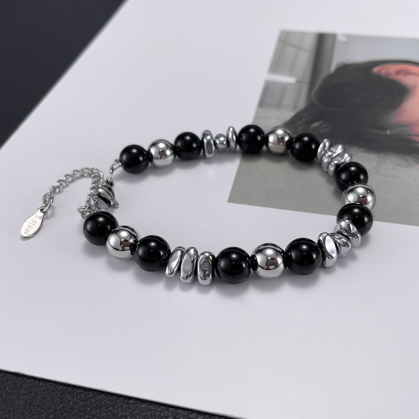 Wee Luxury Men Bracelets Steel Stylish Stainless Steel Bracelet Sleek Unisex Black Agate Design