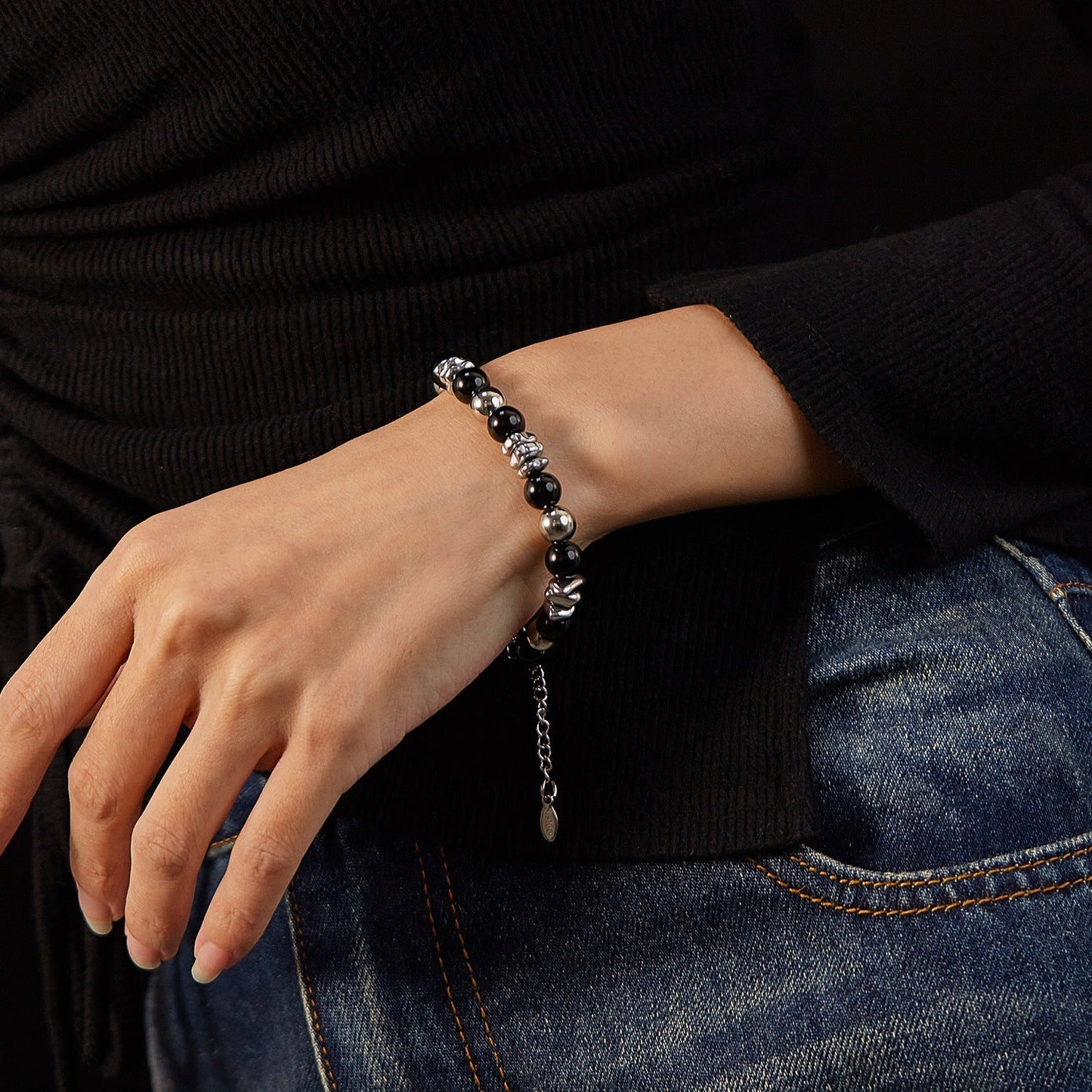 Wee Luxury Men Bracelets Steel Stylish Stainless Steel Bracelet Sleek Unisex Black Agate Design