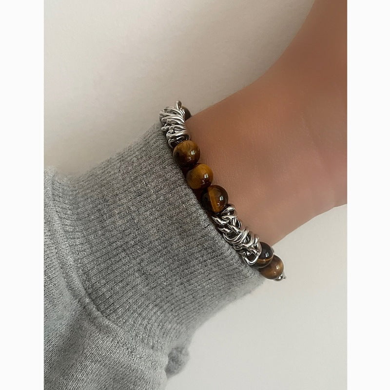 Wee Luxury Men Bracelets Tiger eye stone spliced steel chain Men's Retro National Style Natural Stone Bracelet