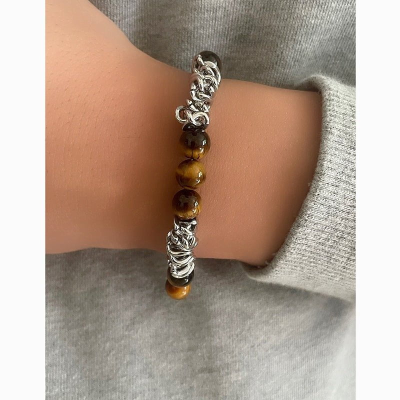 Wee Luxury Men Bracelets Tiger eye stone spliced steel chain Men's Retro National Style Natural Stone Bracelet