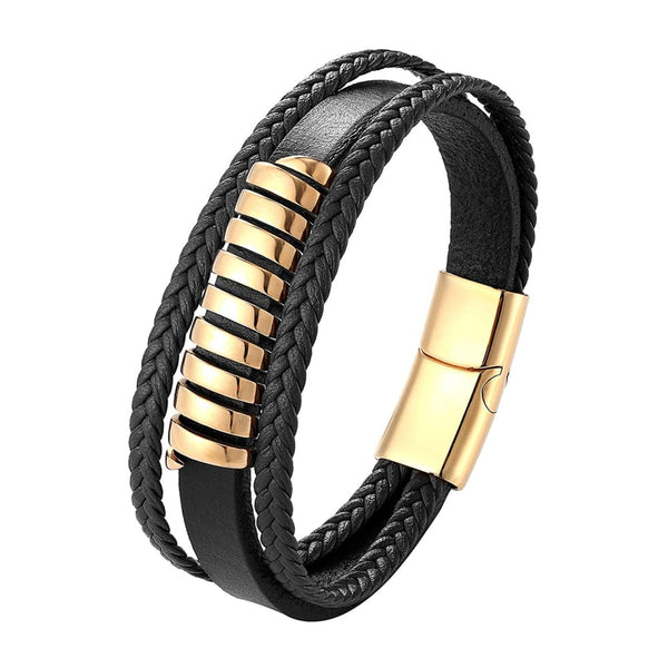 Geometric Men Leather Stainless Steel Bracelet Gold-TZ-1714