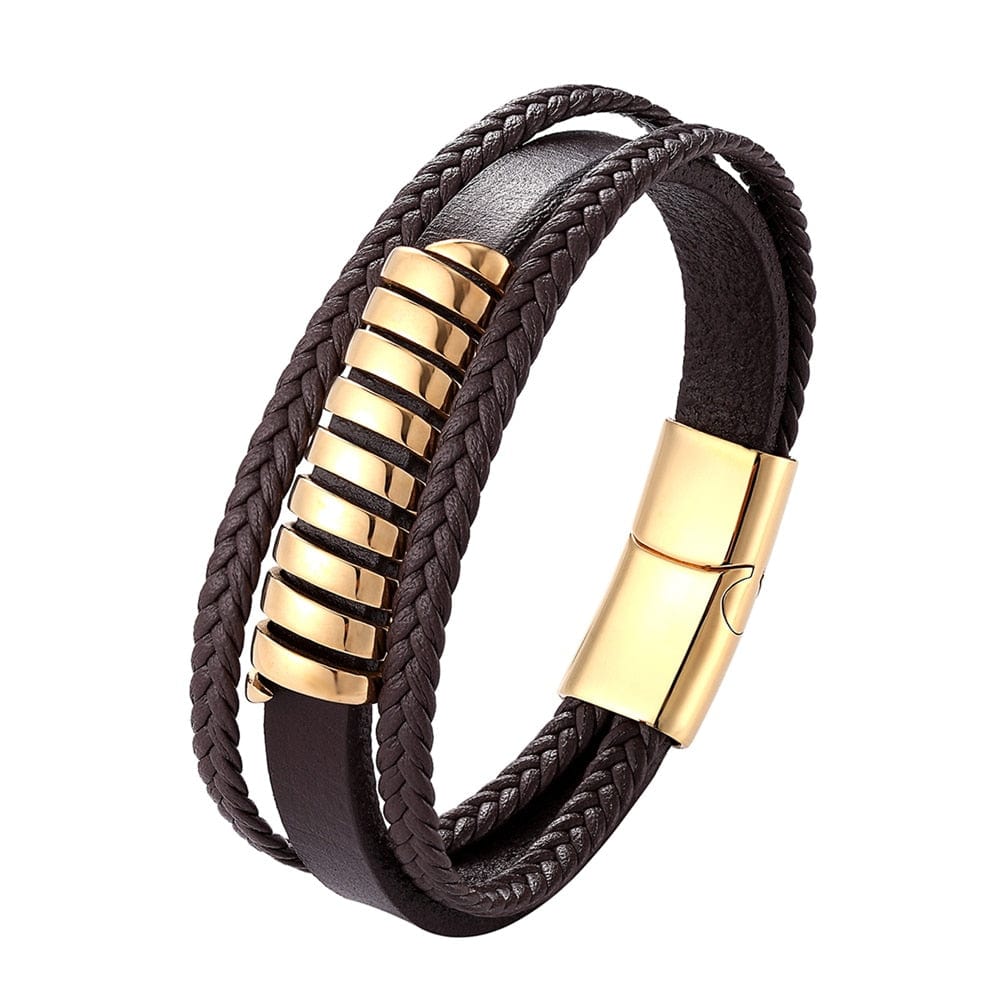 Geometric Men Leather Stainless Steel Bracelet Gold-TZ-1712