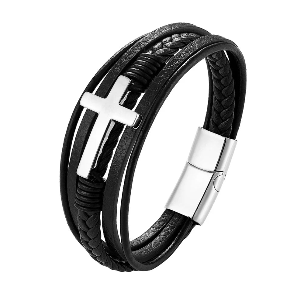 Wee Luxury Men Bracelets TZ-1721 / 19cm Multicolor Cross Design Classic Men's Leather Bracelet