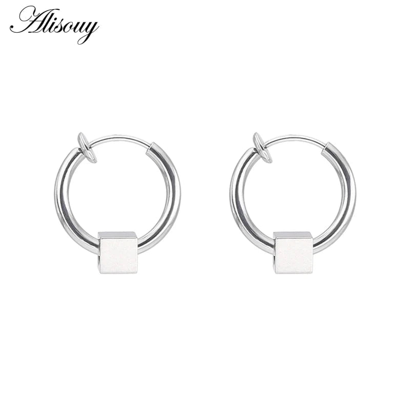 Wee Luxury Men Earrings 2.0mm Silver / Inside Diameter 8mm Fashion Small Cube Square Huggie Earrings