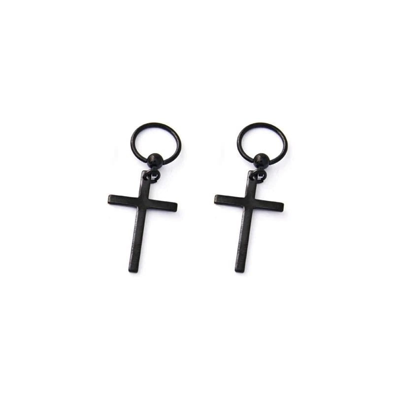 Wee Luxury Men Earrings Black Cross Circle Round Men Stainless Steel Pendant Stud Earrings