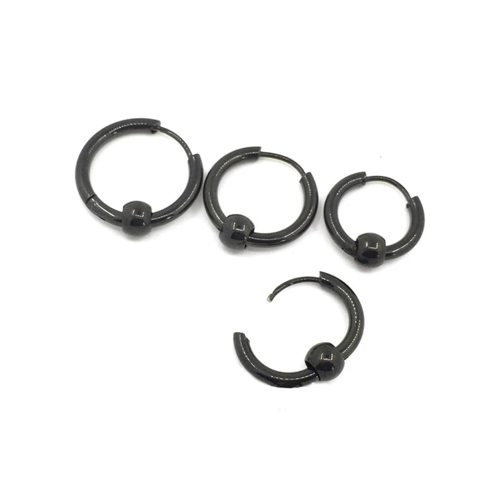 Wee Luxury Men Earrings Black / Inside Diameter 10mm Stainless Steel Round Circle Ball Ear Buckle Hoop Earrings