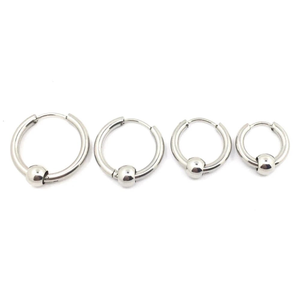 Wee Luxury Men Earrings Silver / Inside Diameter 10mm Stainless Steel Round Circle Ball Ear Buckle Hoop Earrings