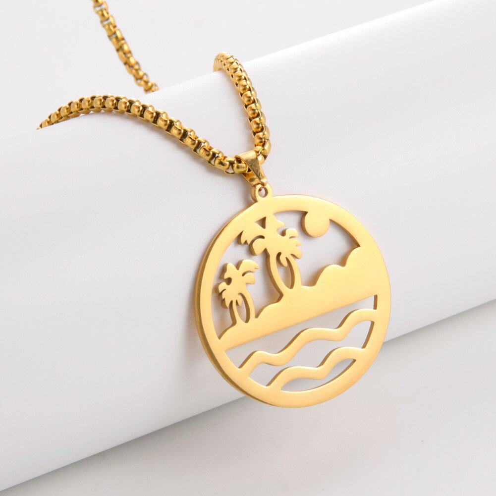 Wee Luxury Men Necklaces B Gold Color Sea Island Scenery Pendant Necklace For Men