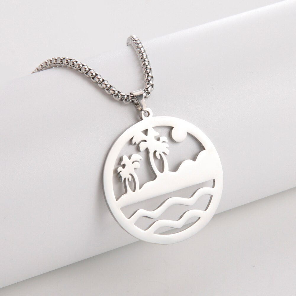 Wee Luxury Men Necklaces B Steel Color Sea Island Scenery Pendant Necklace For Men