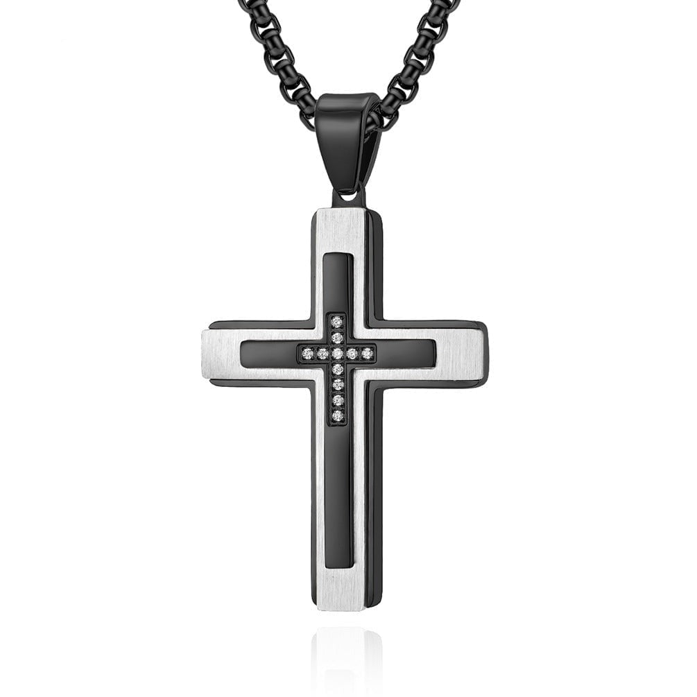 Wee Luxury Men Necklaces Black and Pearl Chain Neckalce Stylish Stainless Steel Cross Pendant with Gemstone Inlay