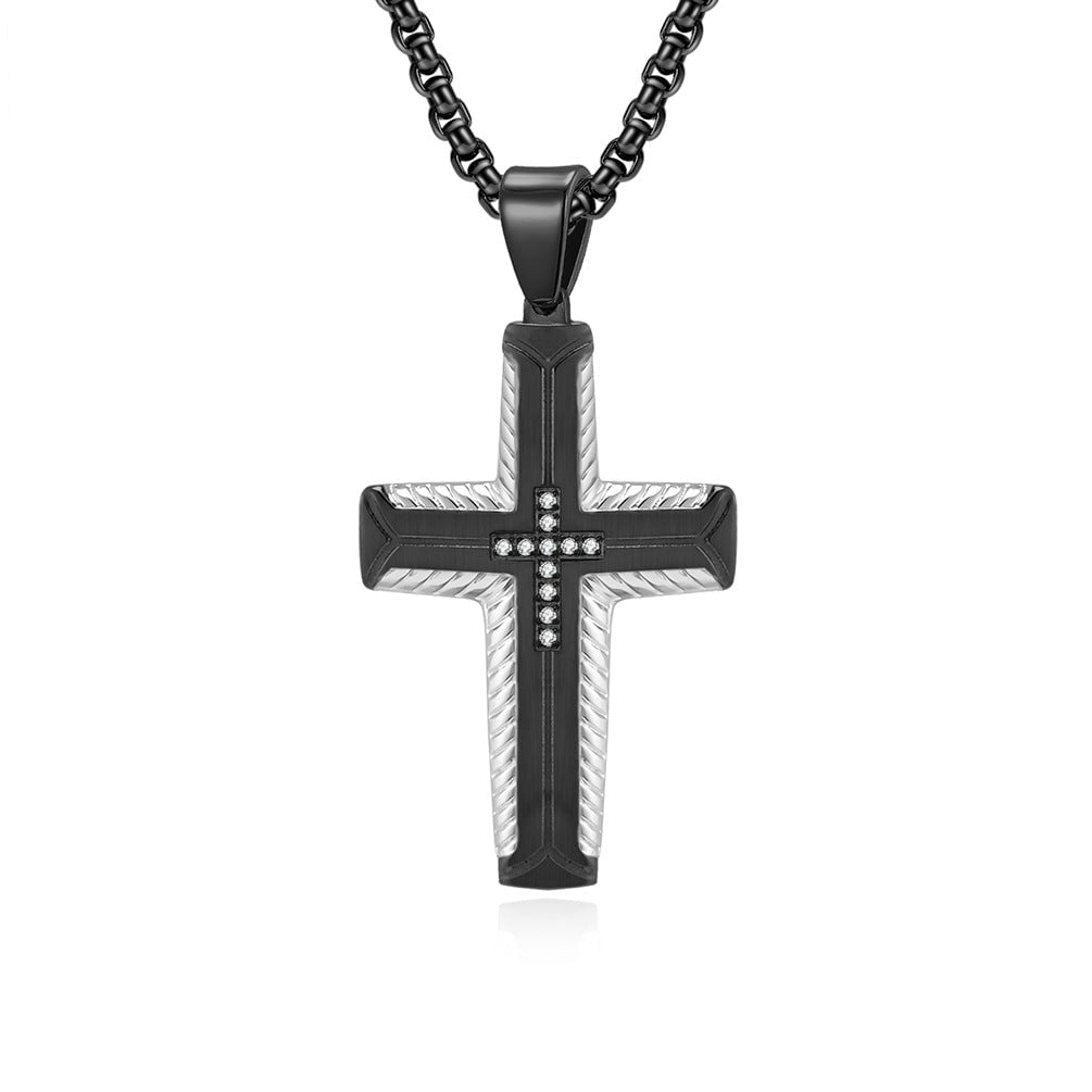 Wee Luxury Men Necklaces Black and Steel pendant + Black Pearl Necklace Innovative Tire Pattern Necklace with Hip Hop Cross Pendant