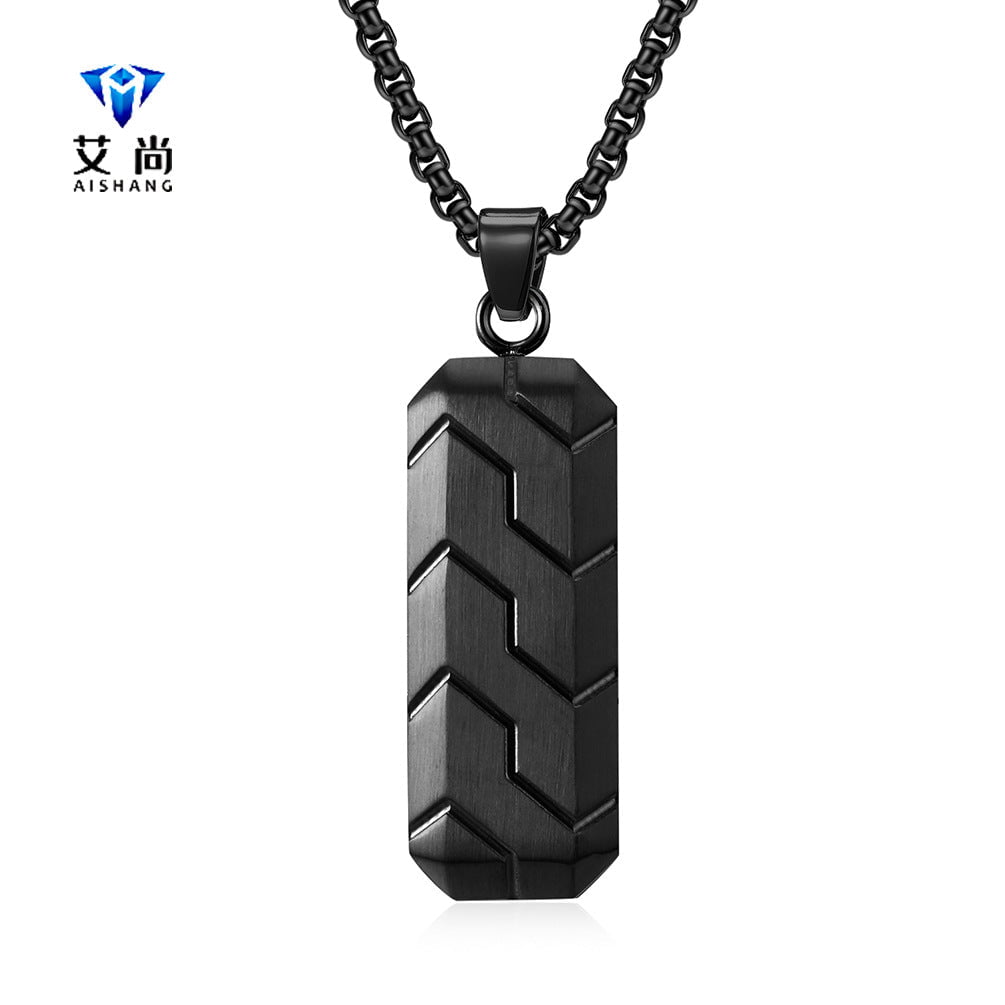 Wee Luxury Men Necklaces Black Pendant and Black Pearl Chain Sleek Hexagon Tire Textured Stainless Steel Necklace