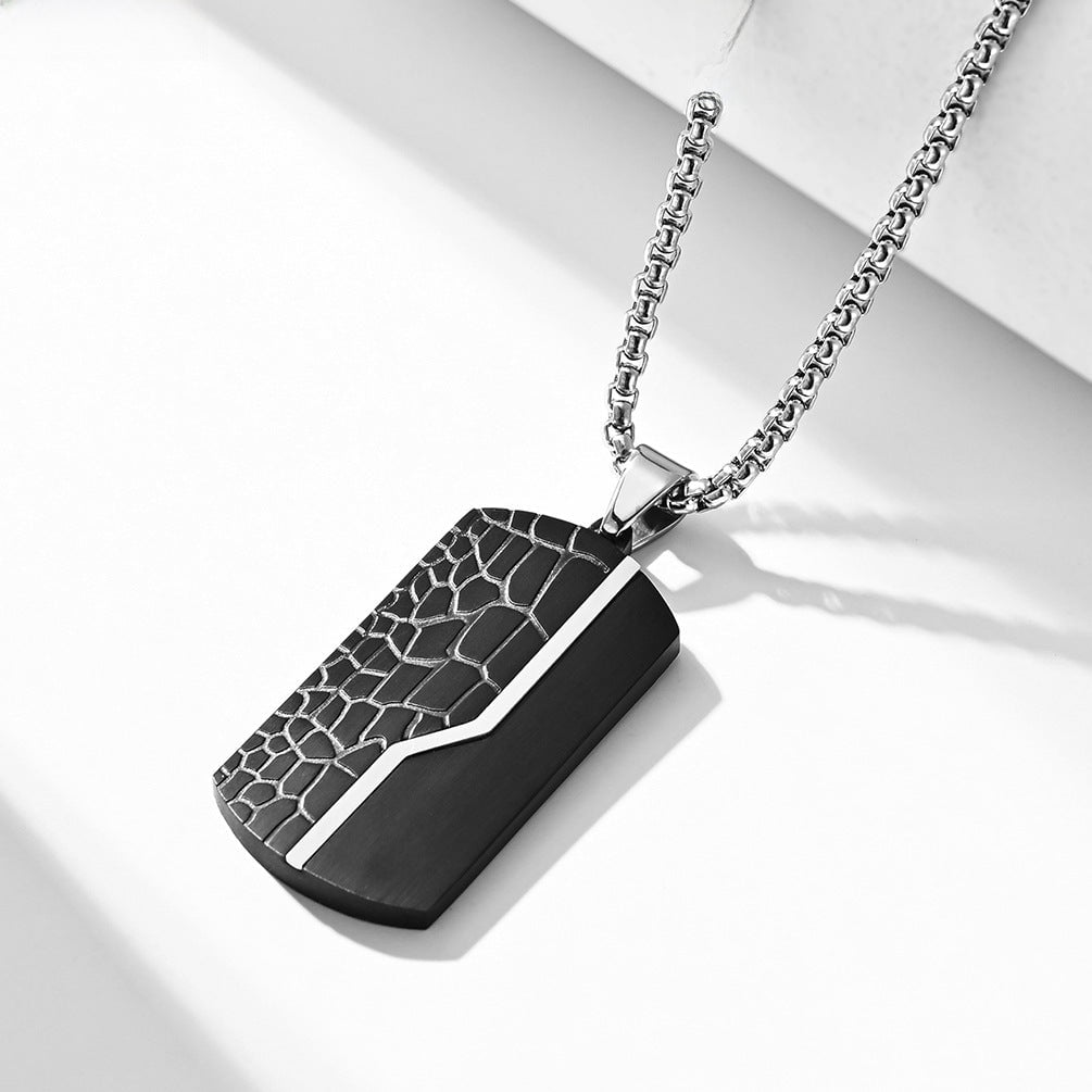 Wee Luxury Men Necklaces Black with steel pearl chain Men's Geometric Textured Black Sand Pendant Necklace in Retro Style