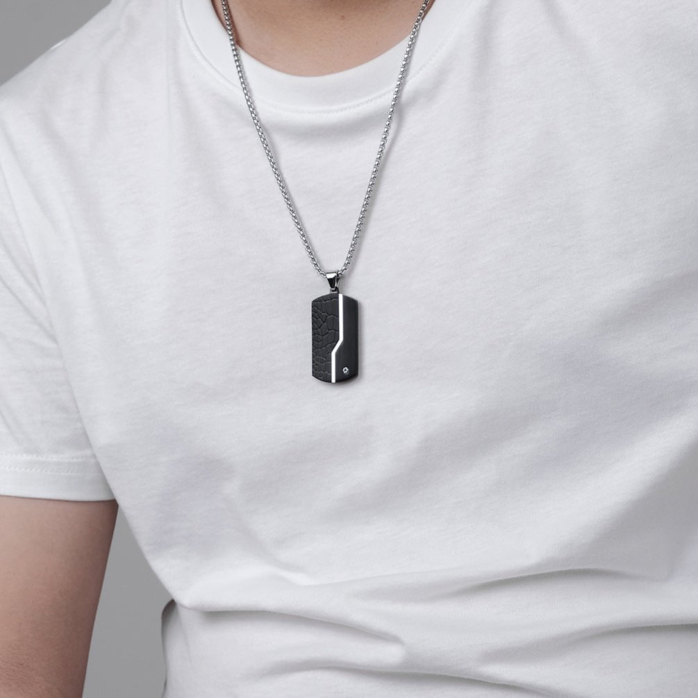 Wee Luxury Men Necklaces Black with steel pearl chain Men's Geometric Textured Black Sand Pendant Necklace in Retro Style