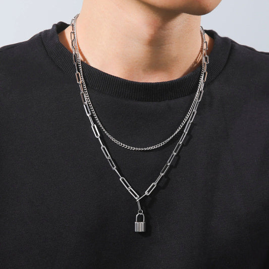 Wee Luxury Men Necklaces Fashion 2 Layers Lock Link Chain Necklace For Men