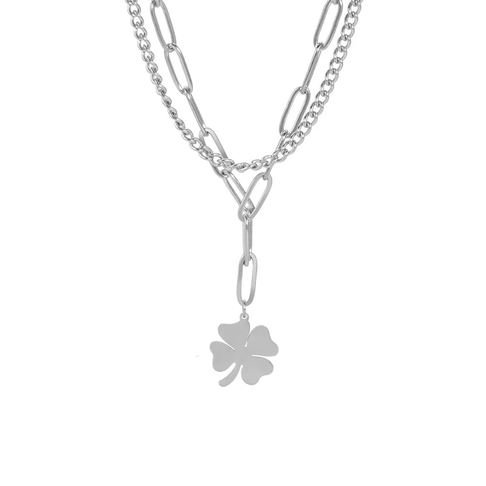 Wee Luxury Men Necklaces Four-leaf clover Fashion 2 Layers Lock Link Chain Necklace For Men