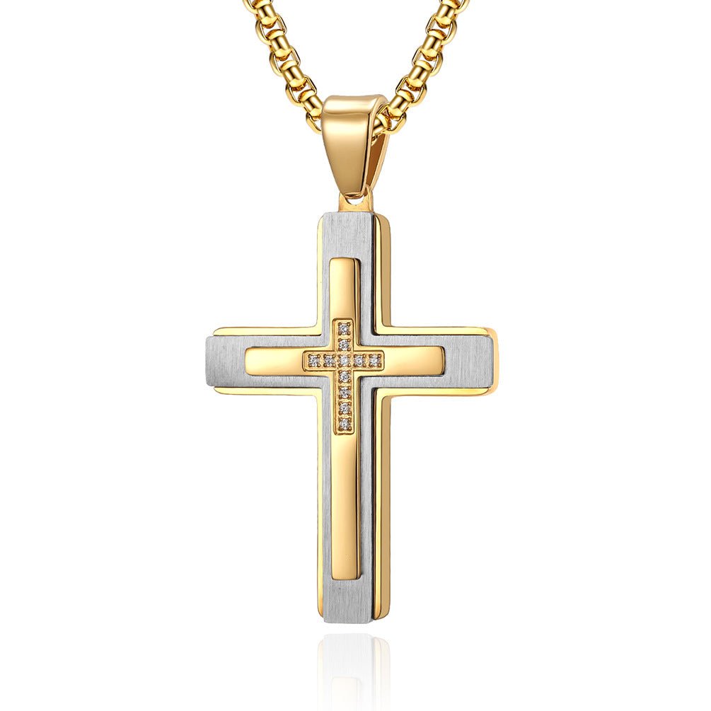 Wee Luxury Men Necklaces Gold and Pearl Chain Neckalce Stylish Stainless Steel Cross Pendant with Gemstone Inlay