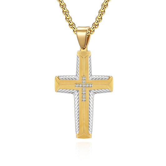 Wee Luxury Men Necklaces Gold and Steel Pendant + Gold Pearl Necklace Innovative Tire Pattern Necklace with Hip Hop Cross Pendant