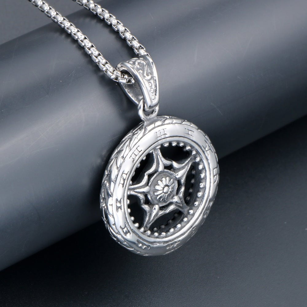 Wee Luxury Men Necklaces Pendant + 401*2.5*60cm with chain Stylish Men's Retro Punk Titanium Steel Wheel Pendant Necklace