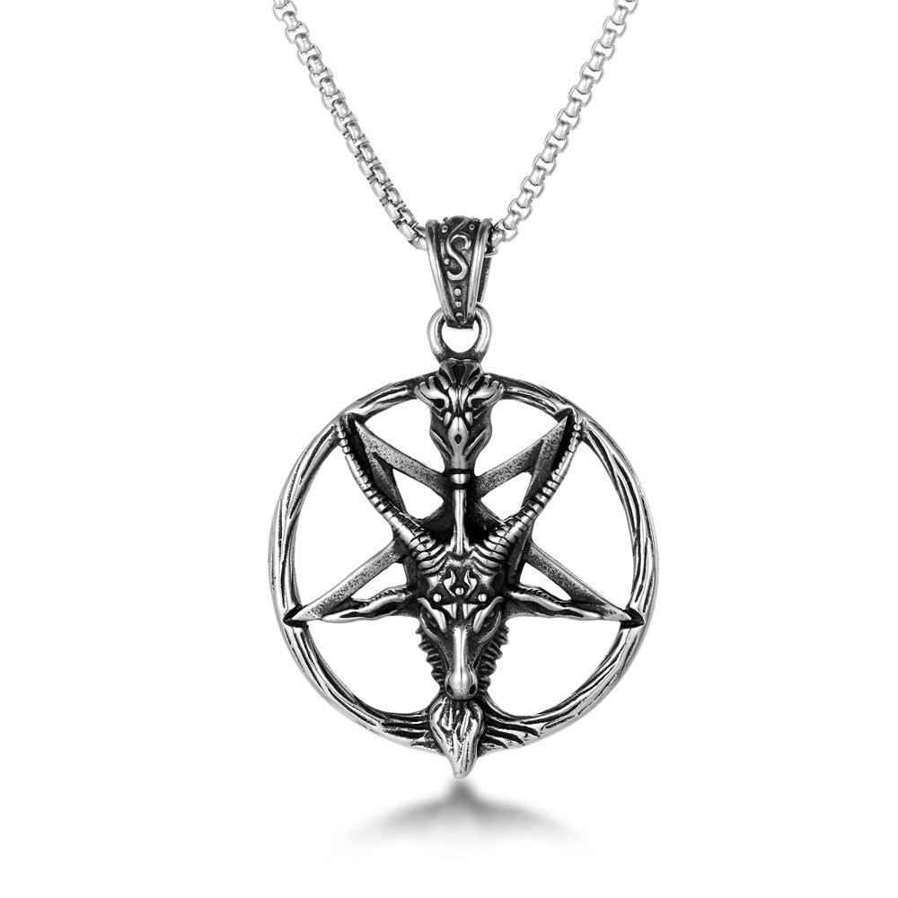 Men's stainless steel goat skull necklace with geometric design, edgy jewelry.