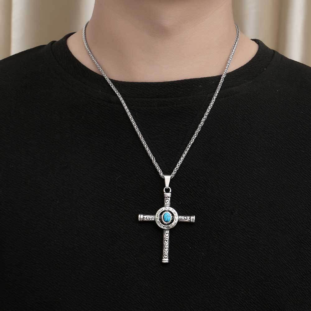 Wee Luxury Men Necklaces Pendant + ce402*3*60cm with chain Turquoise Geometric Pendant Punk Necklace for Men in Titanium Steel