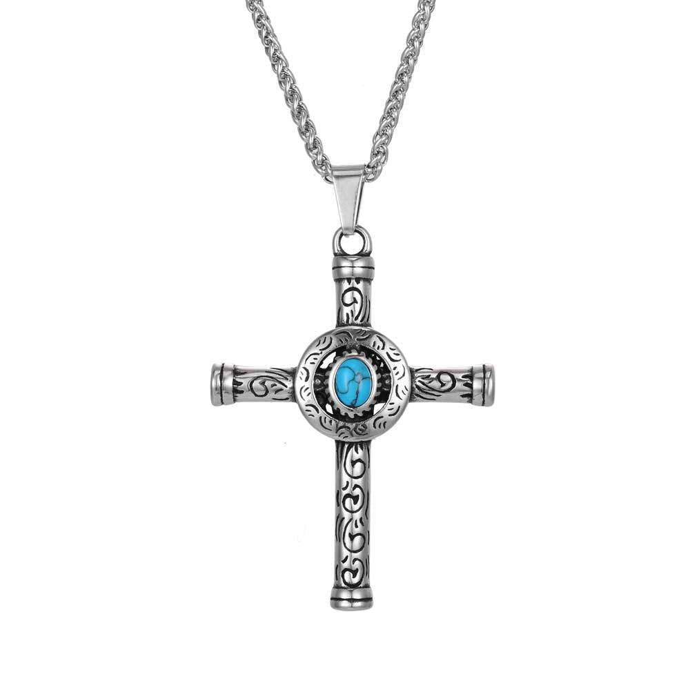 Wee Luxury Men Necklaces Pendant + ce402*3*60cm with chain Turquoise Geometric Pendant Punk Necklace for Men in Titanium Steel