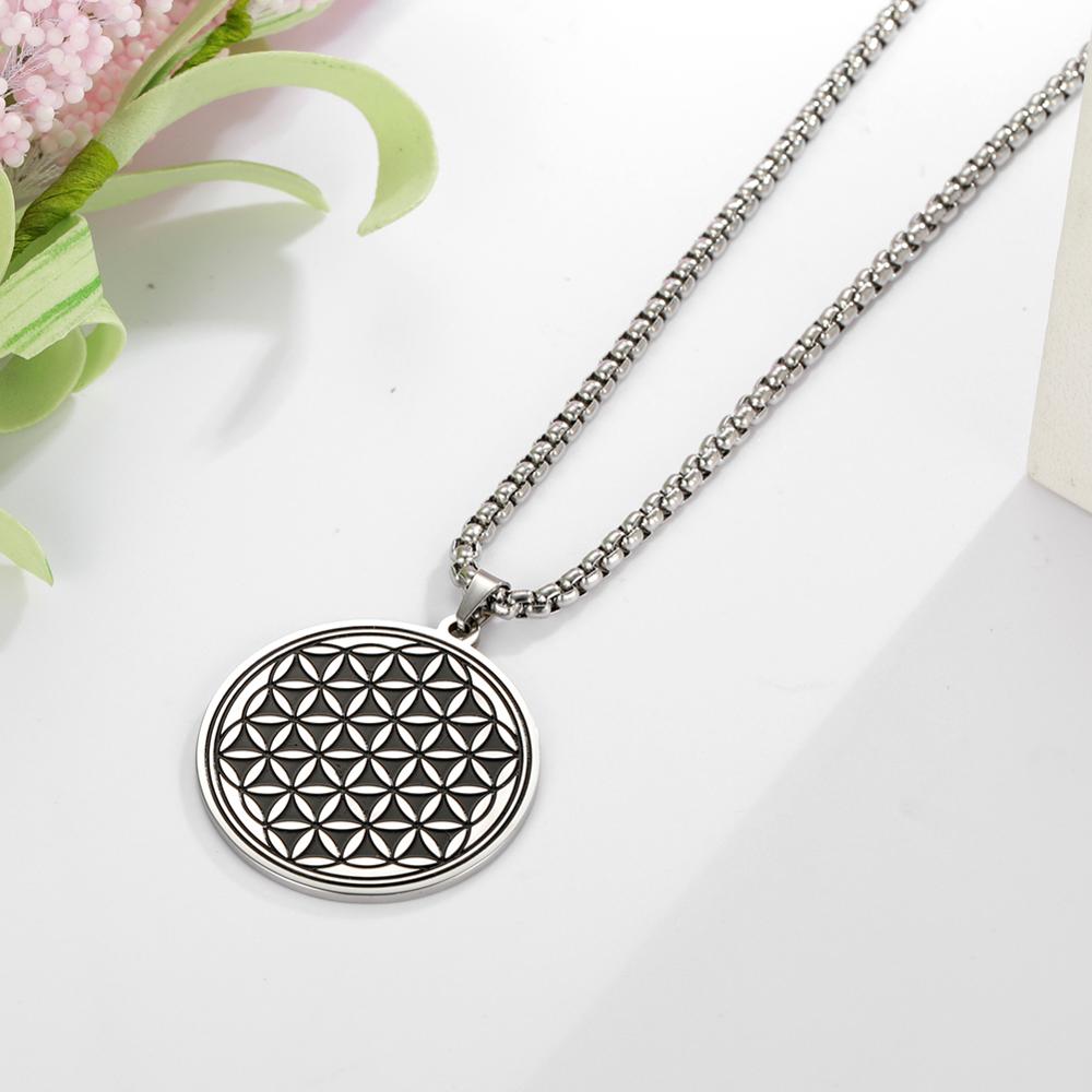 Wee Luxury Men Necklaces Steel Round Stainless Steel Flower of Life Pendant Necklace