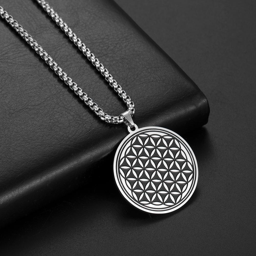 Wee Luxury Men Necklaces Steel Round Stainless Steel Flower of Life Pendant Necklace