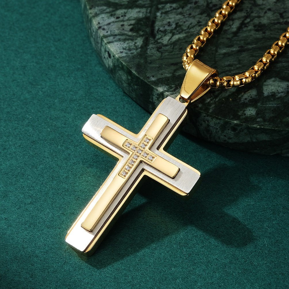 Wee Luxury Men Necklaces Stylish Stainless Steel Cross Pendant with Gemstone Inlay