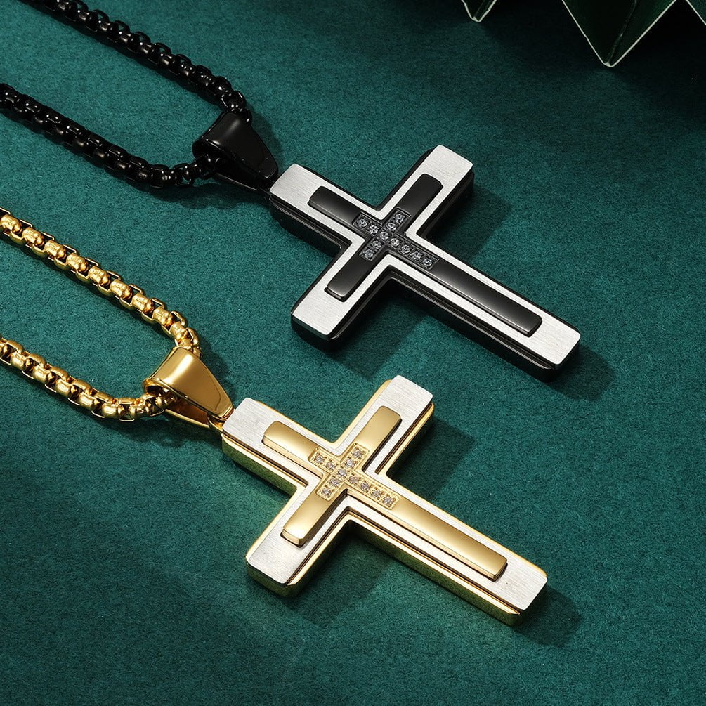 Wee Luxury Men Necklaces Stylish Stainless Steel Cross Pendant with Gemstone Inlay