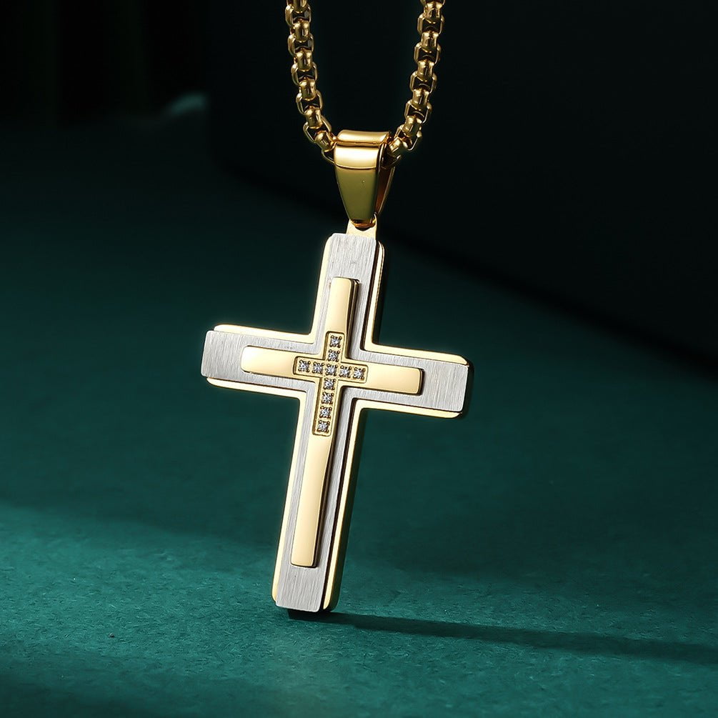 Wee Luxury Men Necklaces Stylish Stainless Steel Cross Pendant with Gemstone Inlay