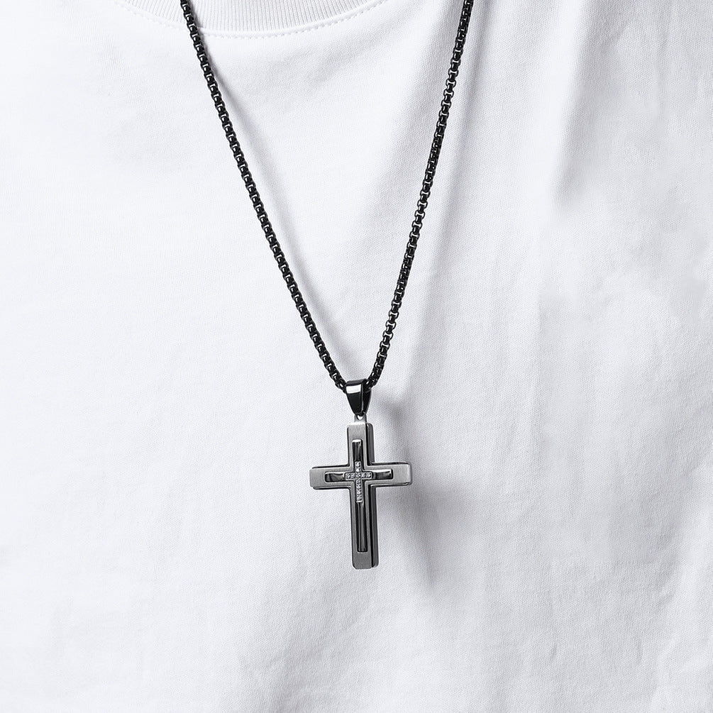 Wee Luxury Men Necklaces Stylish Stainless Steel Cross Pendant with Gemstone Inlay