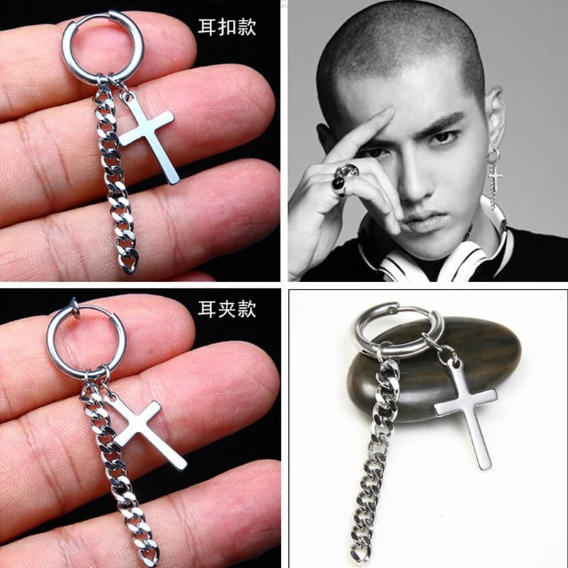 Wee Luxury Men Punk Stainless Steel Cross Long Tassel Chain Earring