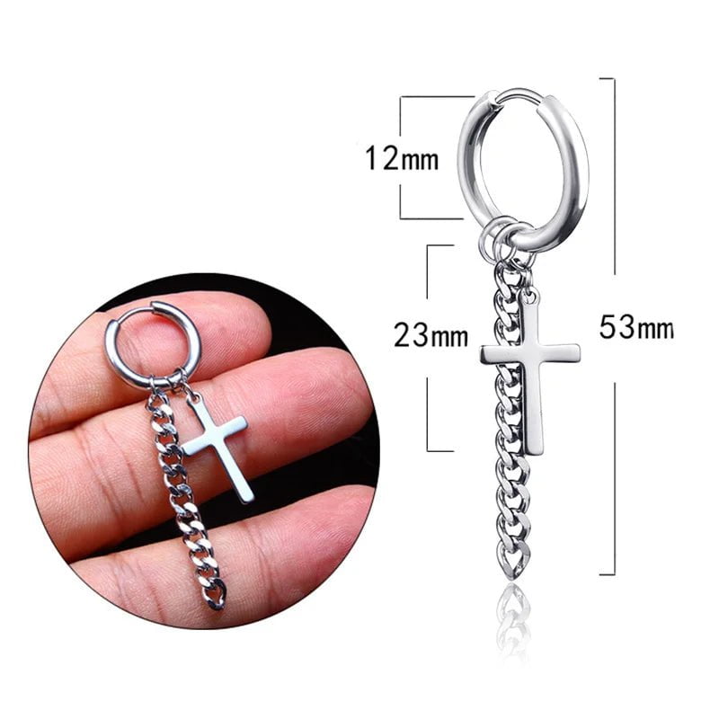 Wee Luxury Men Punk Stainless Steel Cross Long Tassel Chain Earring