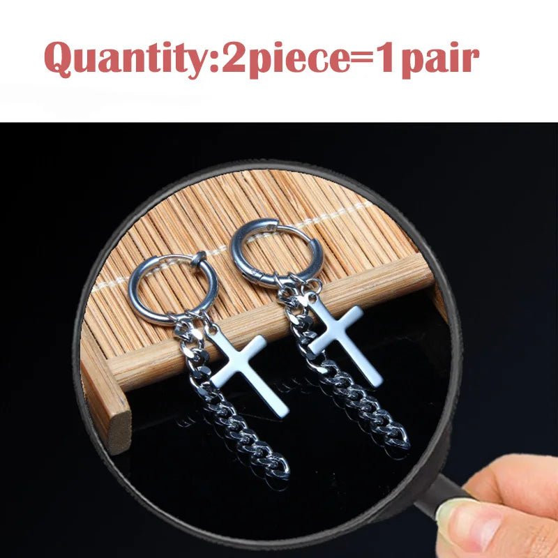 Wee Luxury Men Punk Stainless Steel Cross Long Tassel Chain Earring