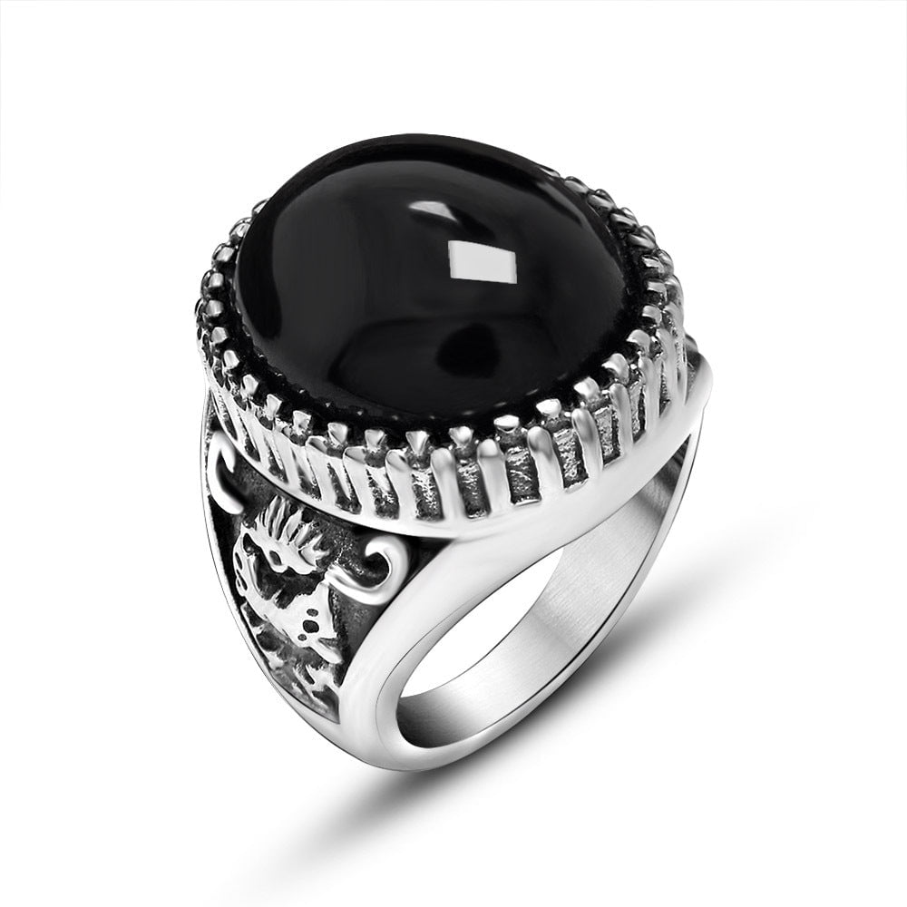 Wee Luxury Men Rings Black 7 Classic Floral Inlaid Titanium Steel Finger Ring with Plain Gem Face