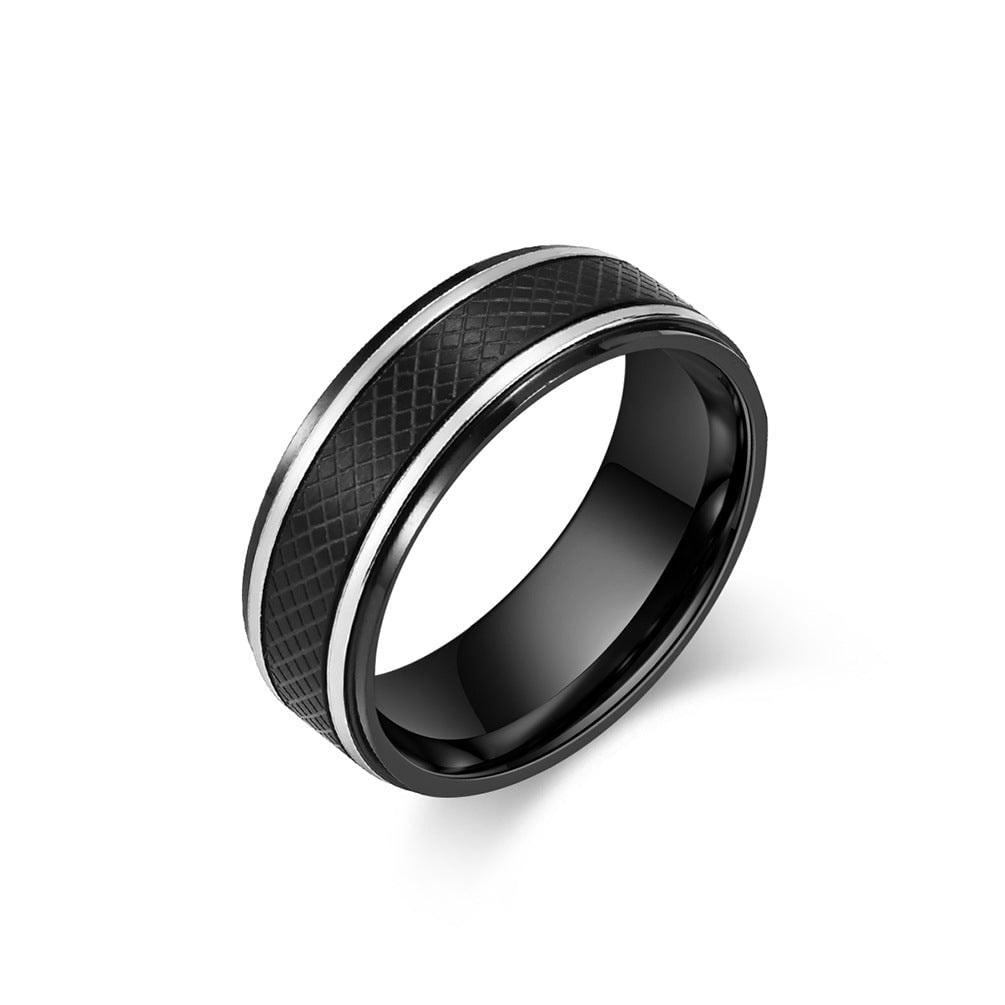 Wee Luxury Men Rings Black / 7 Stylish Gentlemens Stainless Steel Ring with Grid Pattern