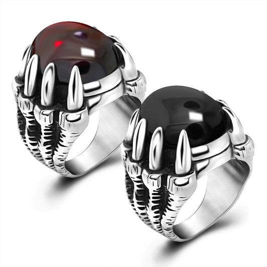 Wee Luxury Men Rings Geometric Red Gemstone Dragon Claw Ring in Titanium Steel for Men