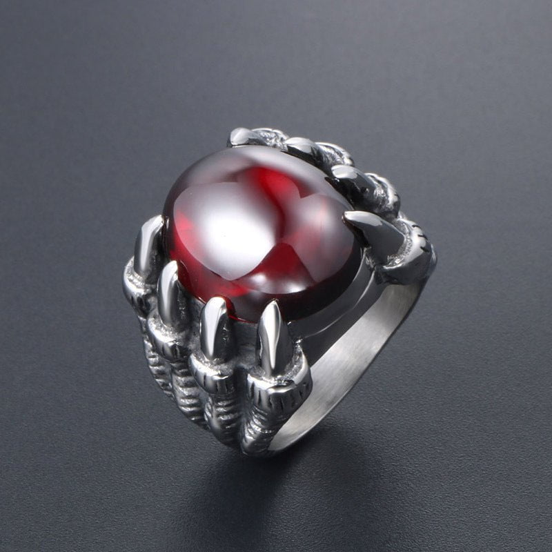 Wee Luxury Men Rings Geometric Red Gemstone Dragon Claw Ring in Titanium Steel for Men