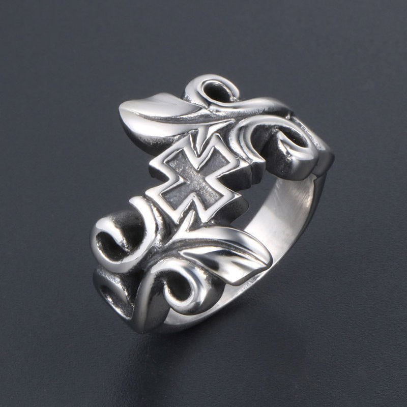 Wee Luxury Men Rings Inspired Cross Design Titanium Steel Men's Rattan Flower Rings