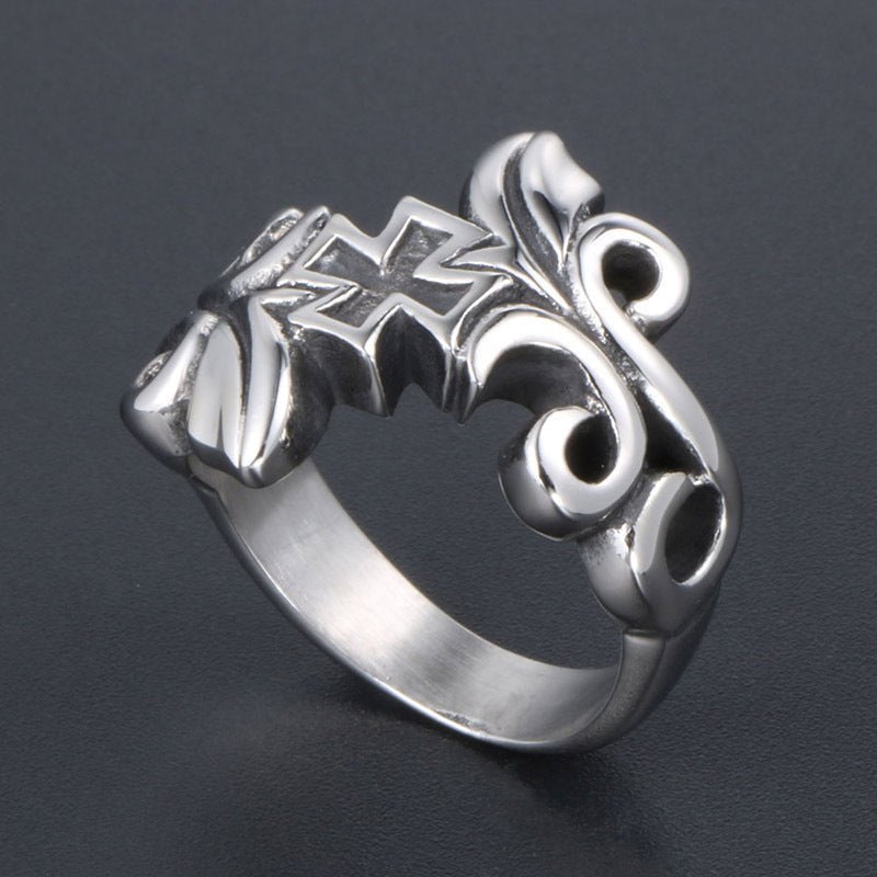 Wee Luxury Men Rings Inspired Cross Design Titanium Steel Men's Rattan Flower Rings