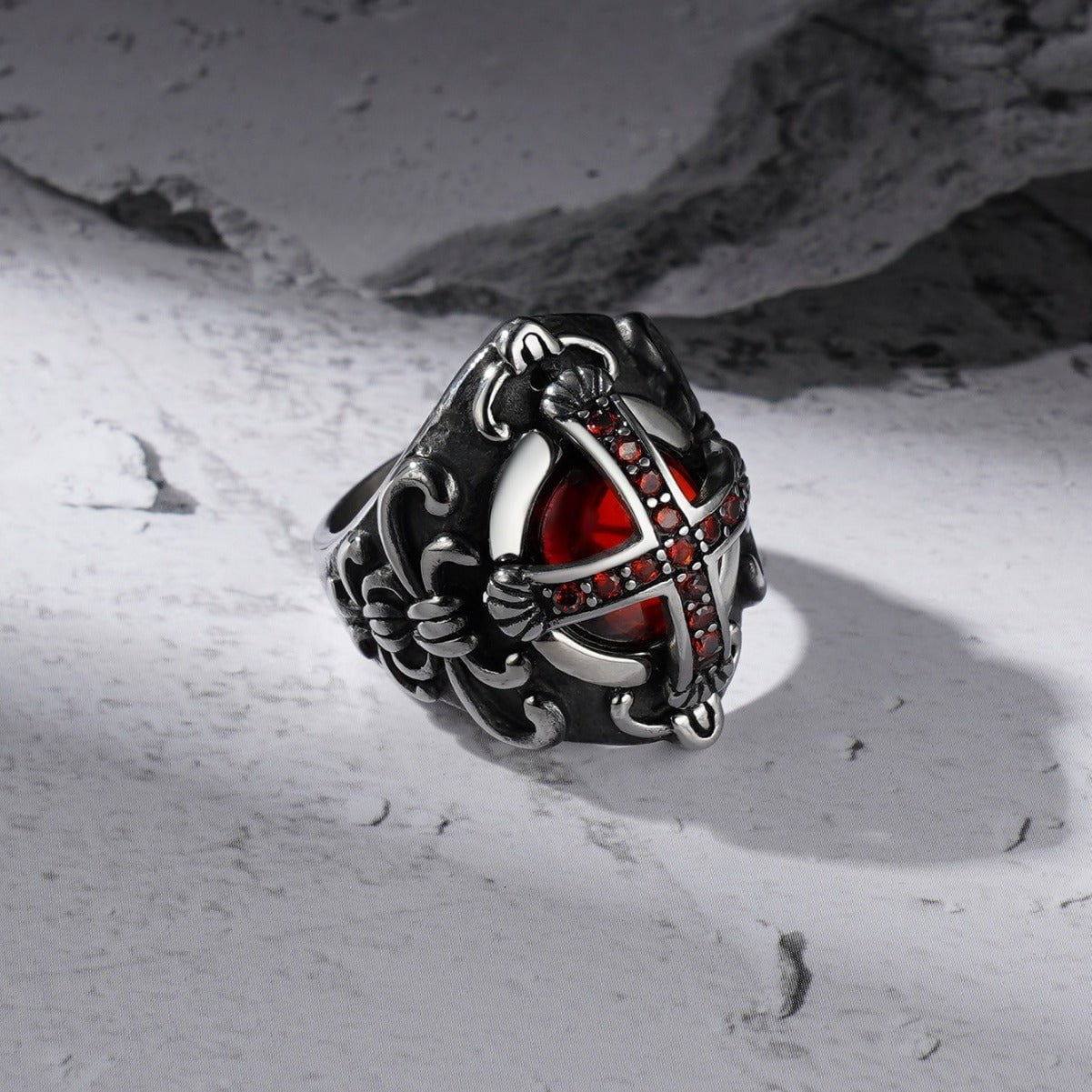 Wee Luxury Men Rings Men's Gothic Titan Crown Ring with Ruby and Diamond Details