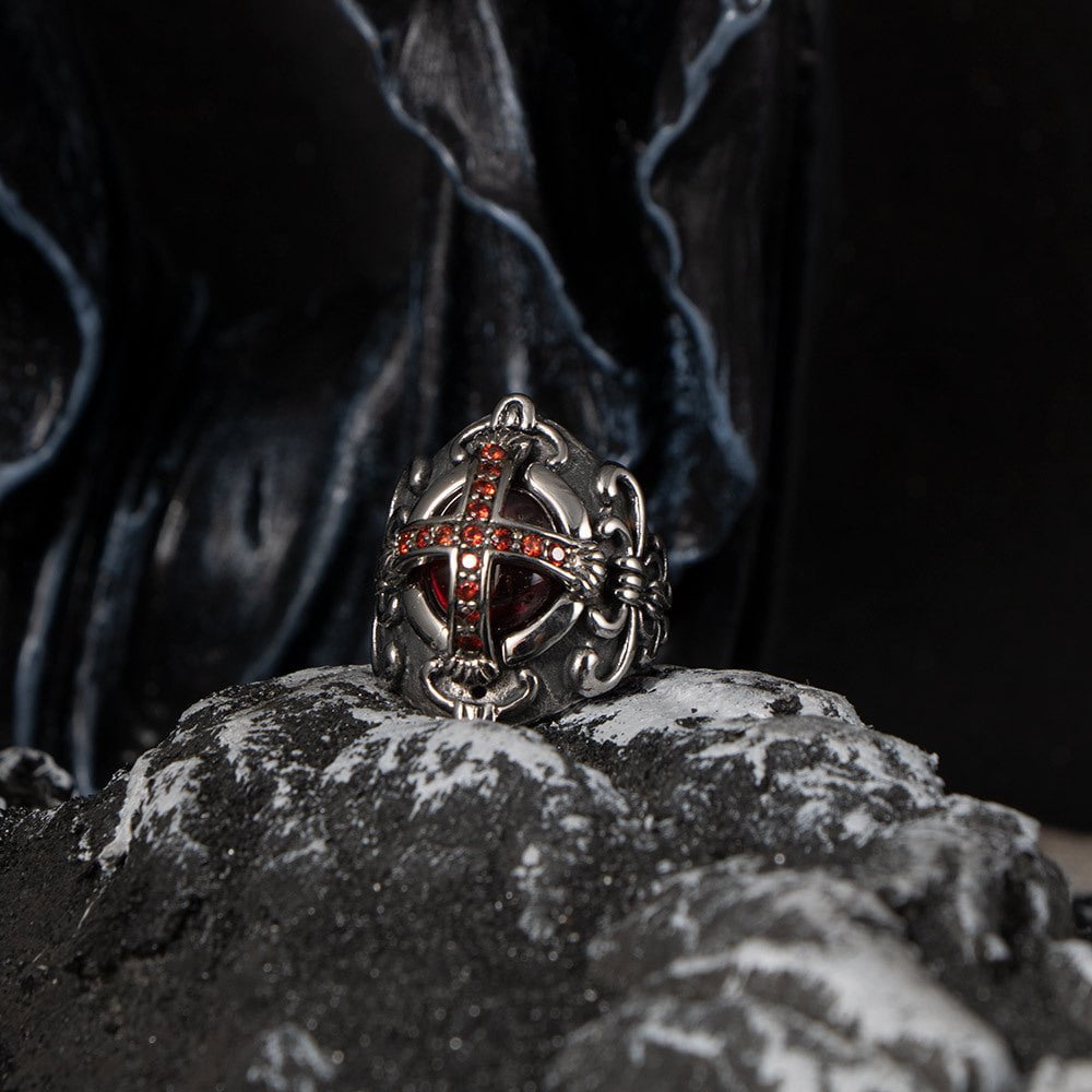 Wee Luxury Men Rings Men's Gothic Titan Crown Ring with Ruby and Diamond Details