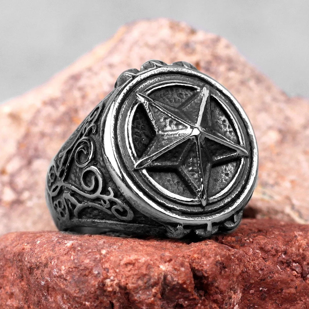 Wee Luxury Men Rings R459-Silver / 8 Pentagram Star Carved Stainless Steel Men Ring