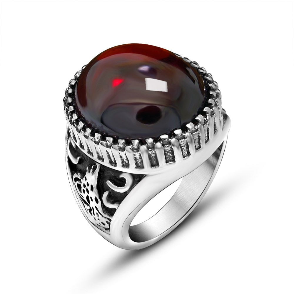 Wee Luxury Men Rings Red 7 Classic Floral Inlaid Titanium Steel Finger Ring with Plain Gem Face